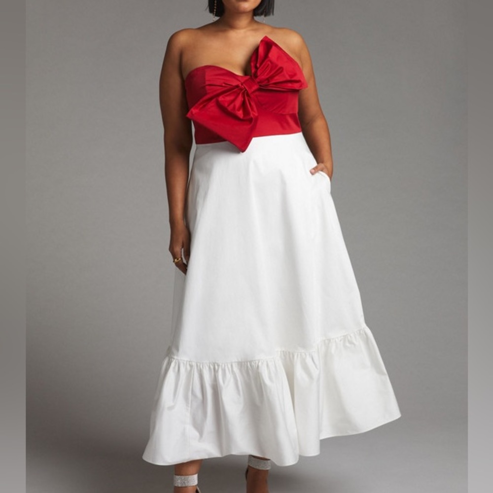 Anthropologie Hutch Red Colorblocked Bow-Tie Maxi Dress - Picture 4 of 13